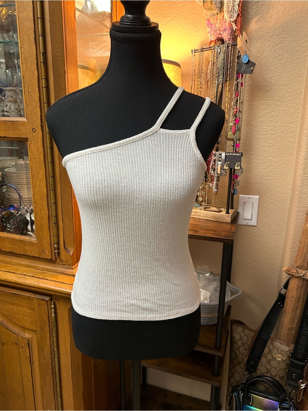 Project Social T Cream One-Shoulder Ribbed Tank Top